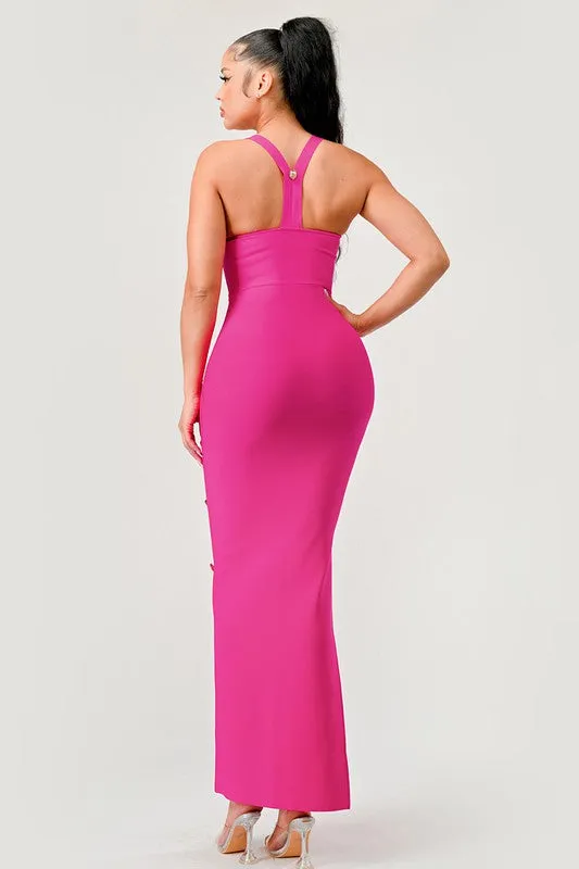 Hot Pink Brass Button Bandage Maxi Dress