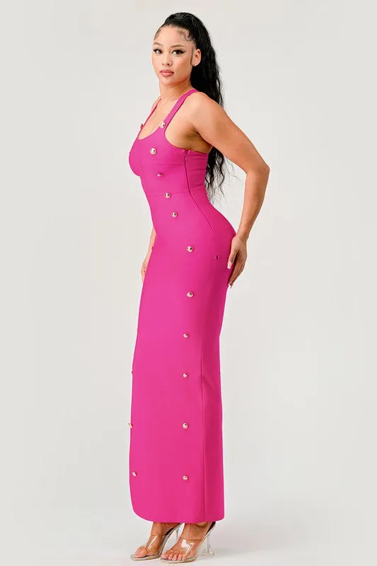 Hot Pink Brass Button Bandage Maxi Dress