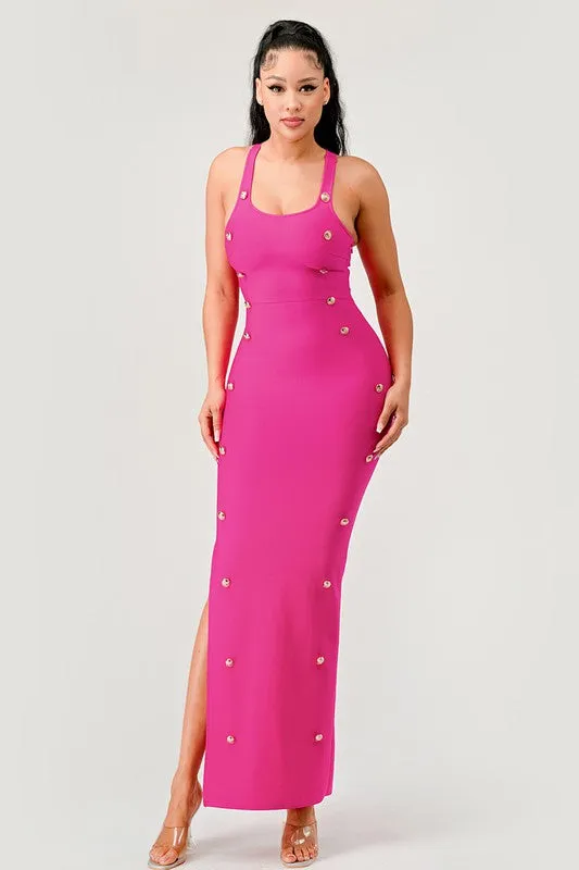 Hot Pink Brass Button Bandage Maxi Dress