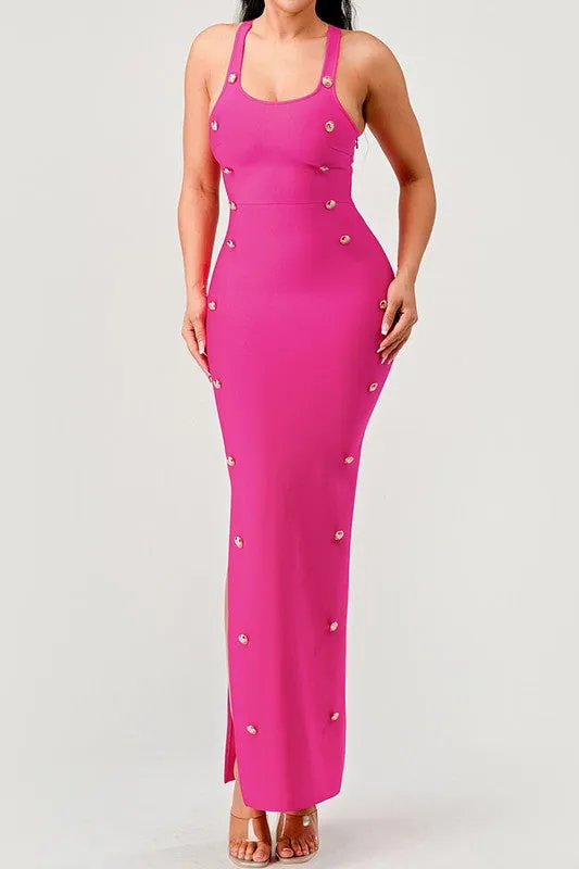 Hot Pink Brass Button Bandage Maxi Dress