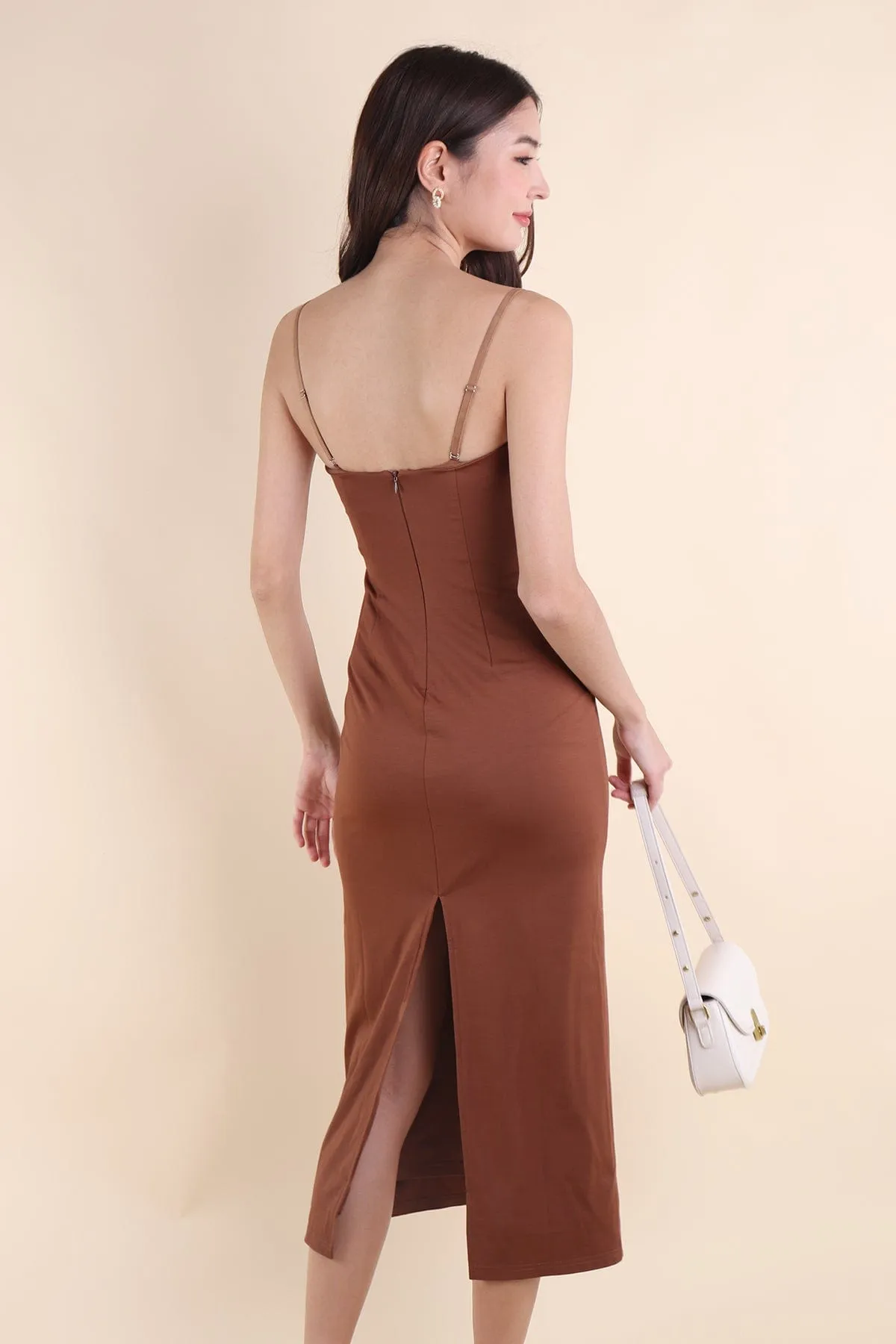 ISLA PADDED BODYCON MAXI IN BROWN