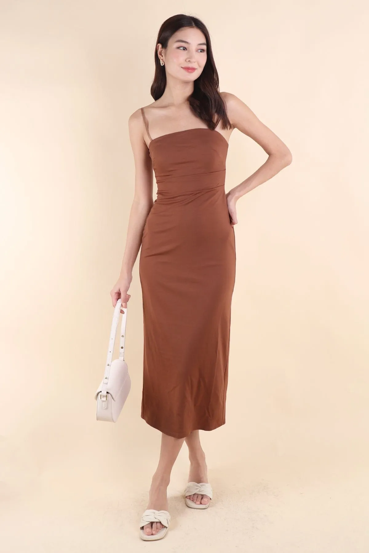 ISLA PADDED BODYCON MAXI IN BROWN