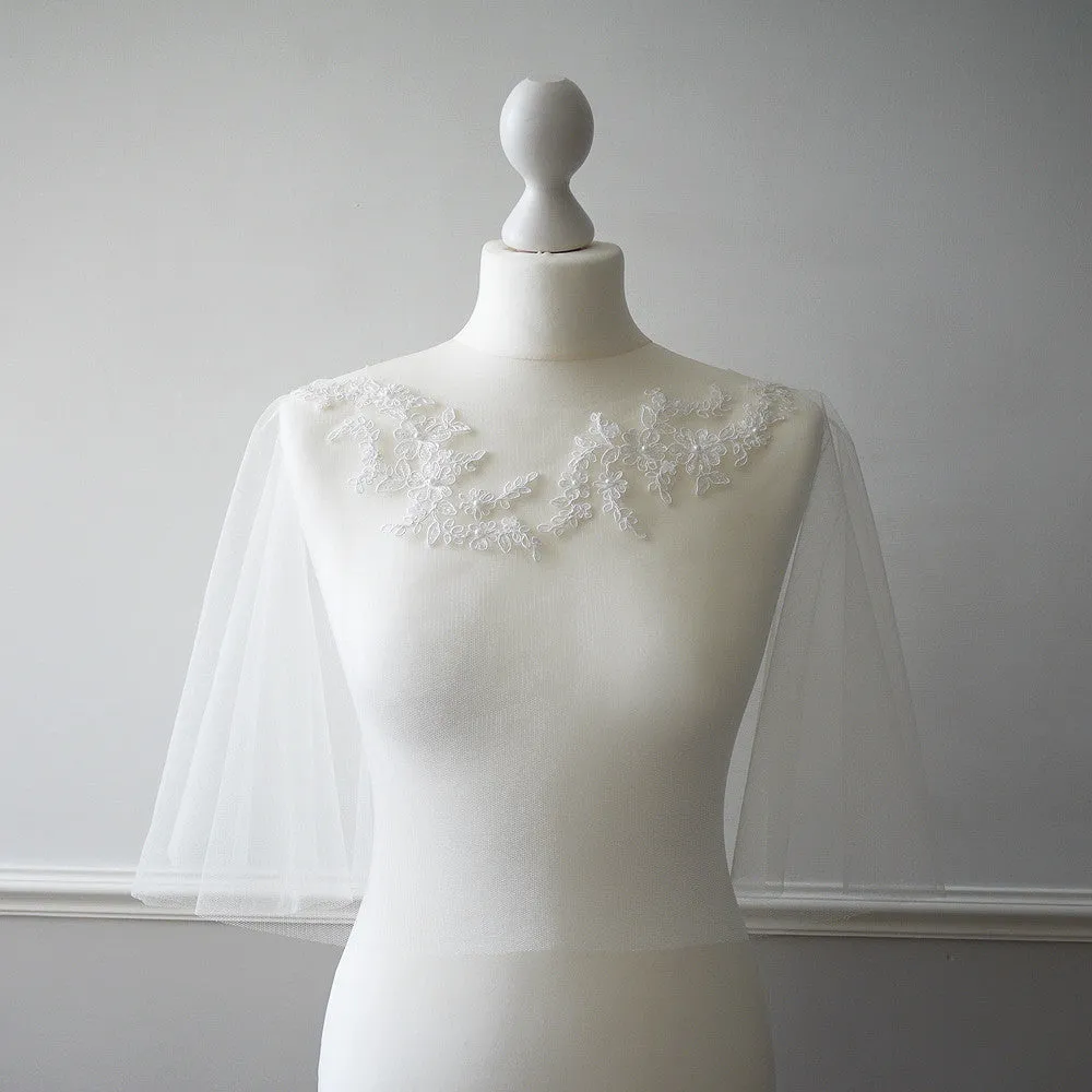 Ivory lace applique embellished tulle bridal capelet - Alnwick