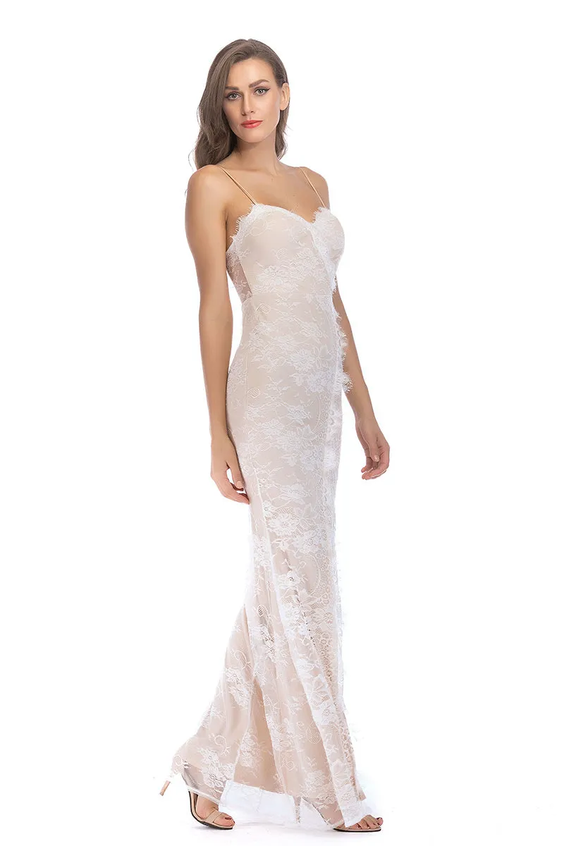 Ivory Lace Spaghetti Straps Backless Slit Bodycon Prom Dress