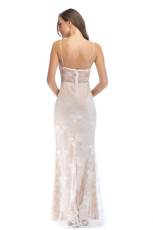 Ivory Lace Spaghetti Straps Backless Slit Bodycon Prom Dress