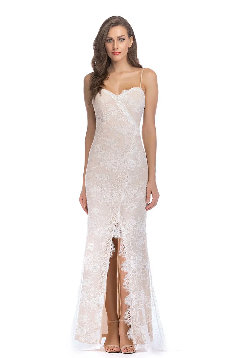 Ivory Lace Spaghetti Straps Backless Slit Bodycon Prom Dress