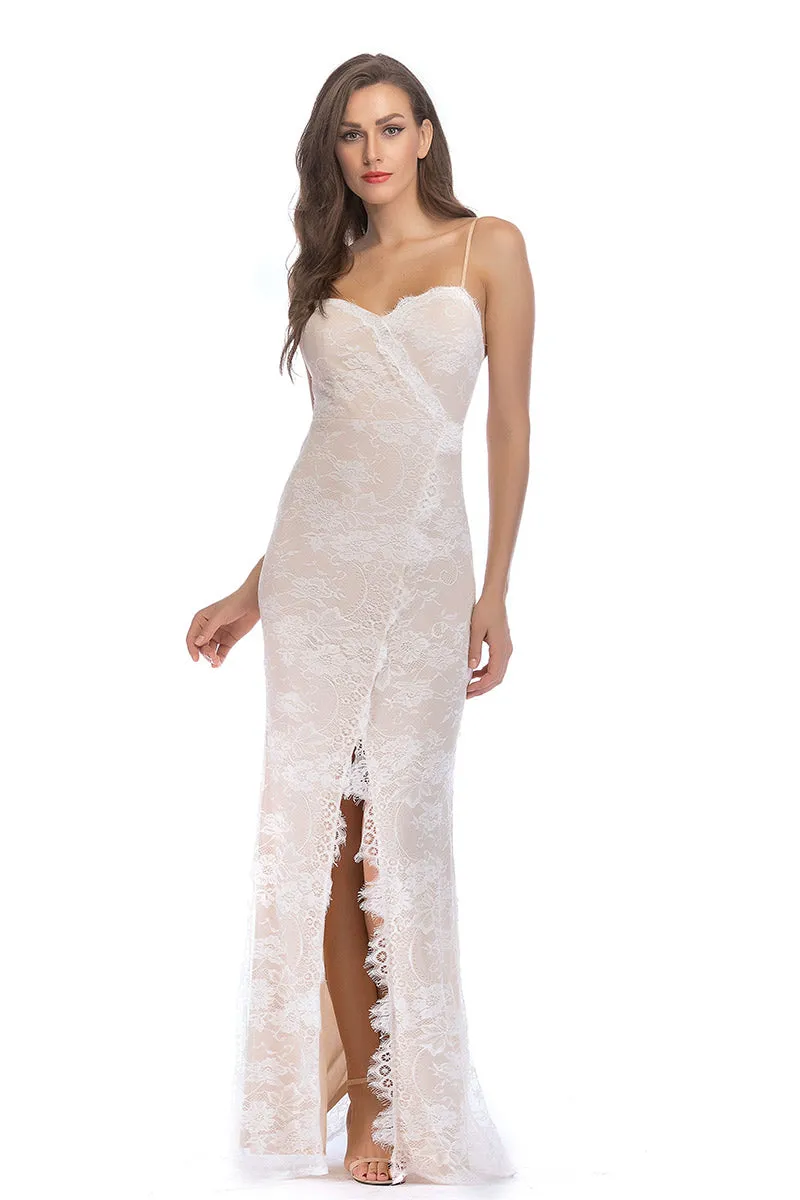 Ivory Lace Spaghetti Straps Backless Slit Bodycon Prom Dress