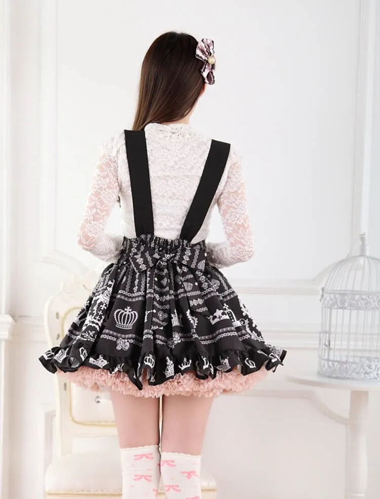 Japanese Style Black Rose and Crown Printed Lolita Pleated Skirt with Ruffles