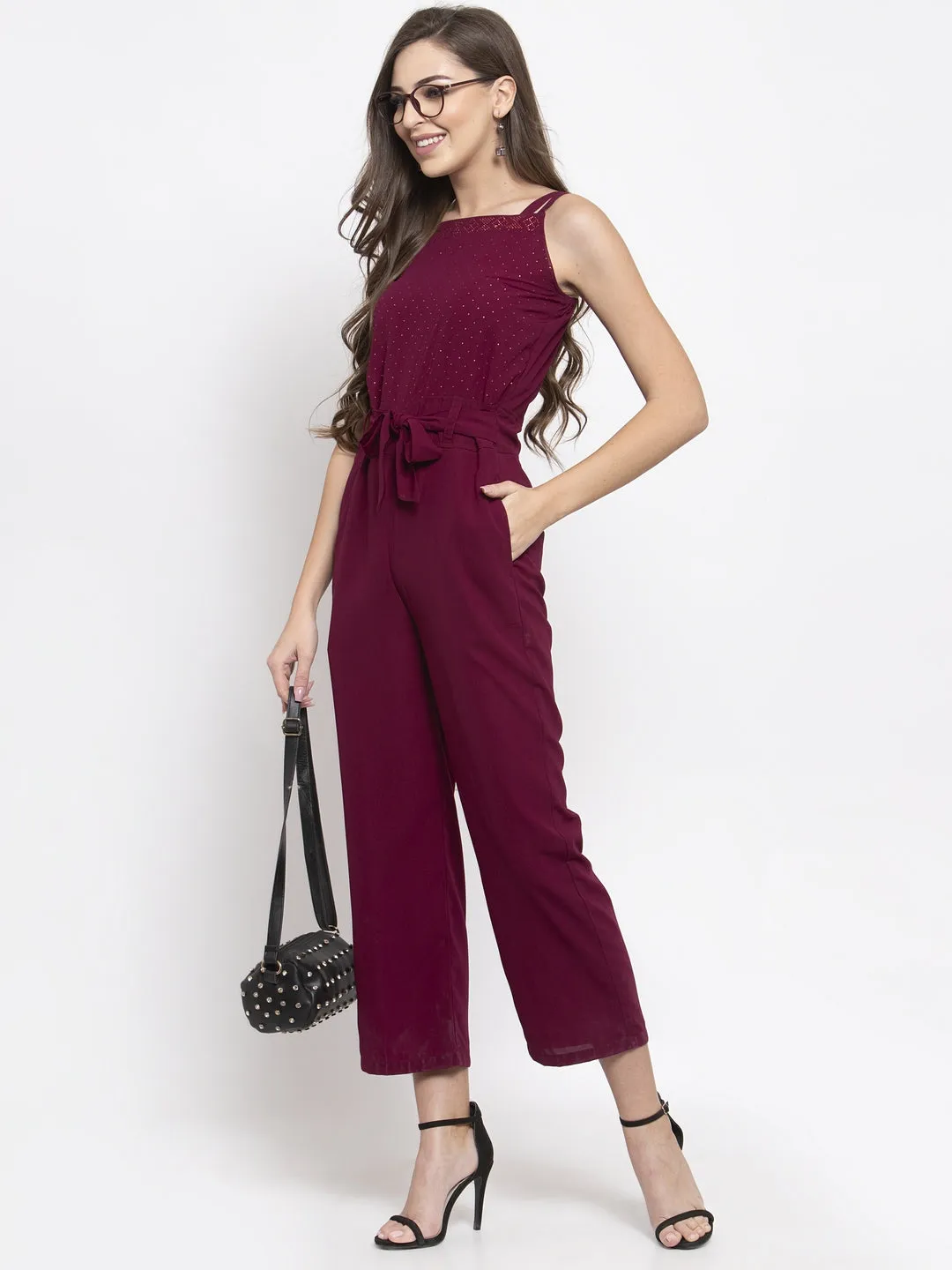 Jashvi Women Purple Solid Embellished Jumpsuit