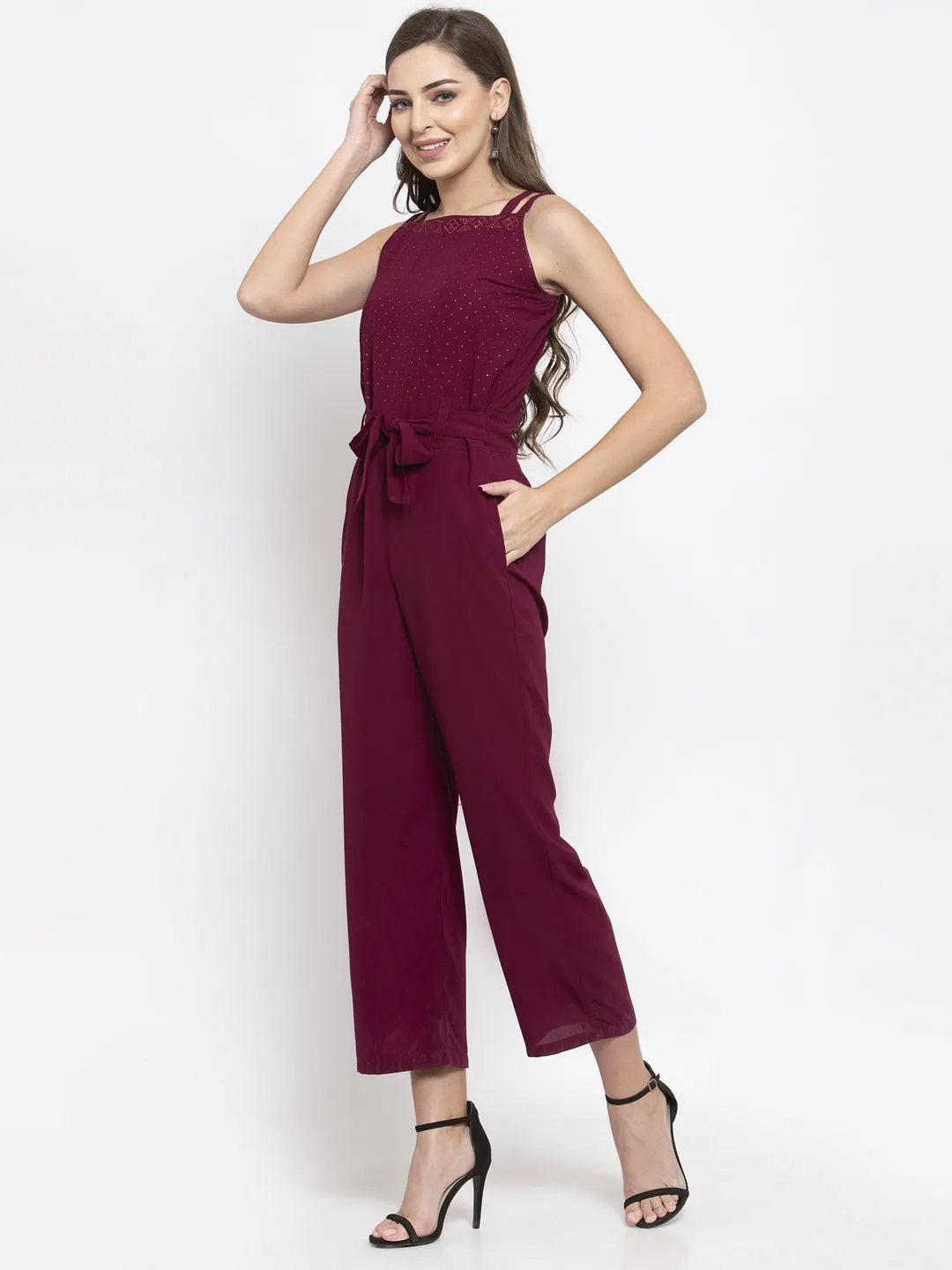 Jashvi Women Purple Solid Embellished Jumpsuit