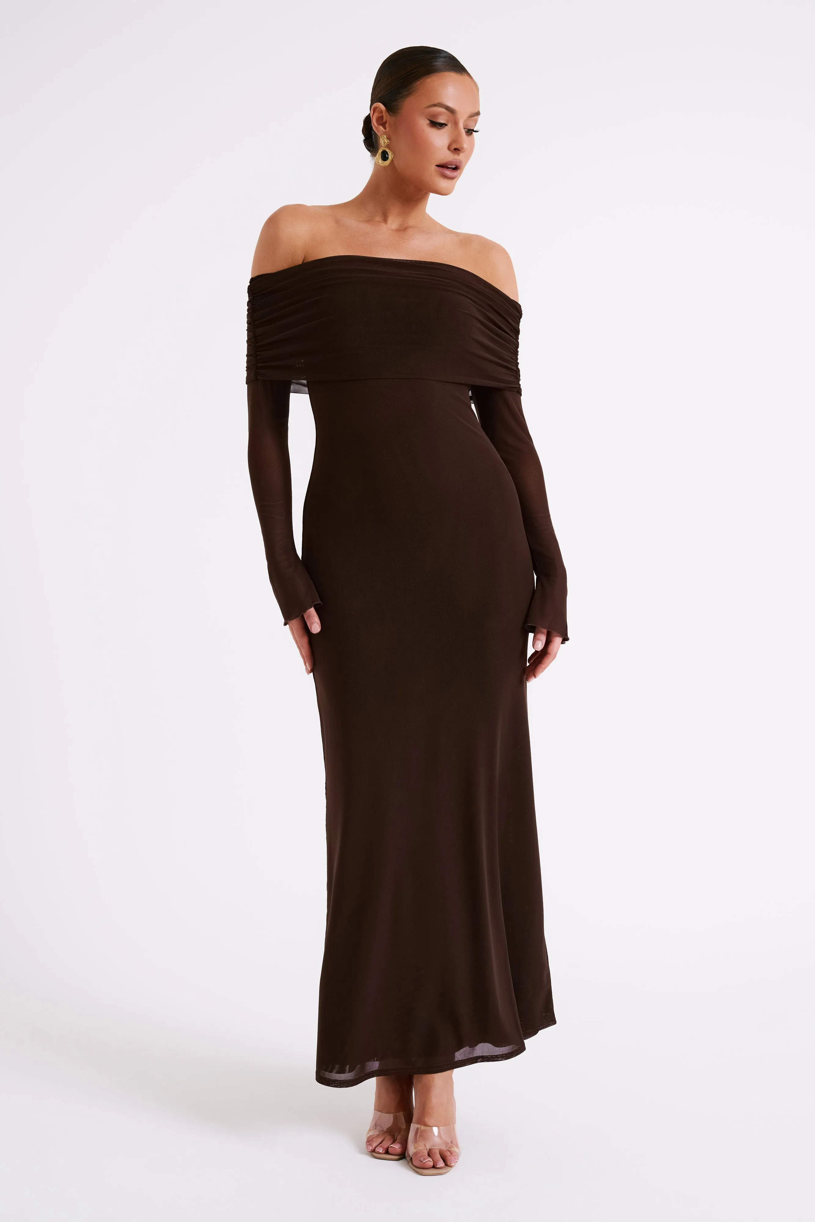 Josie Off Shoulder Mesh Maxi Dress - Dark Brown