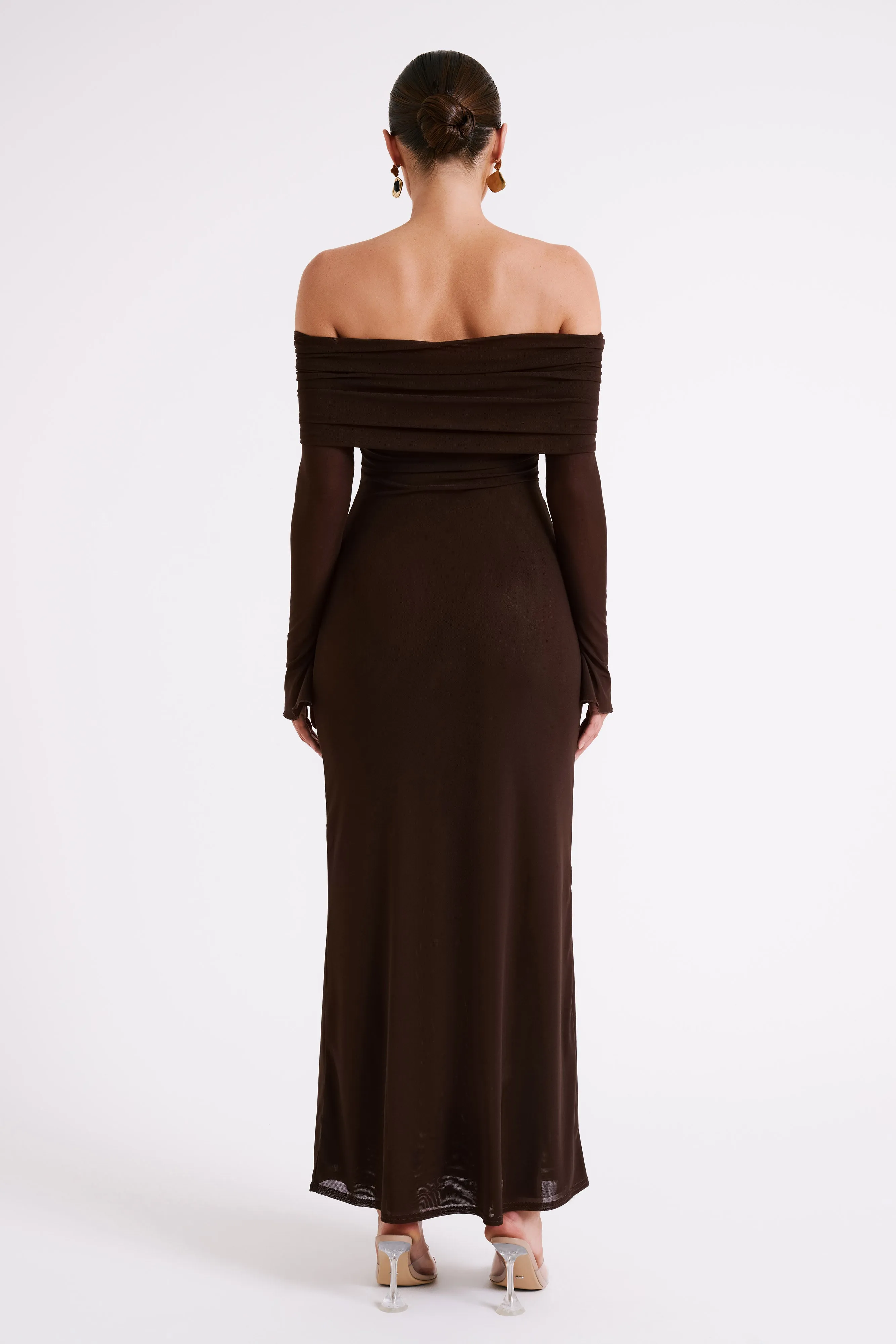 Josie Off Shoulder Mesh Maxi Dress - Dark Brown