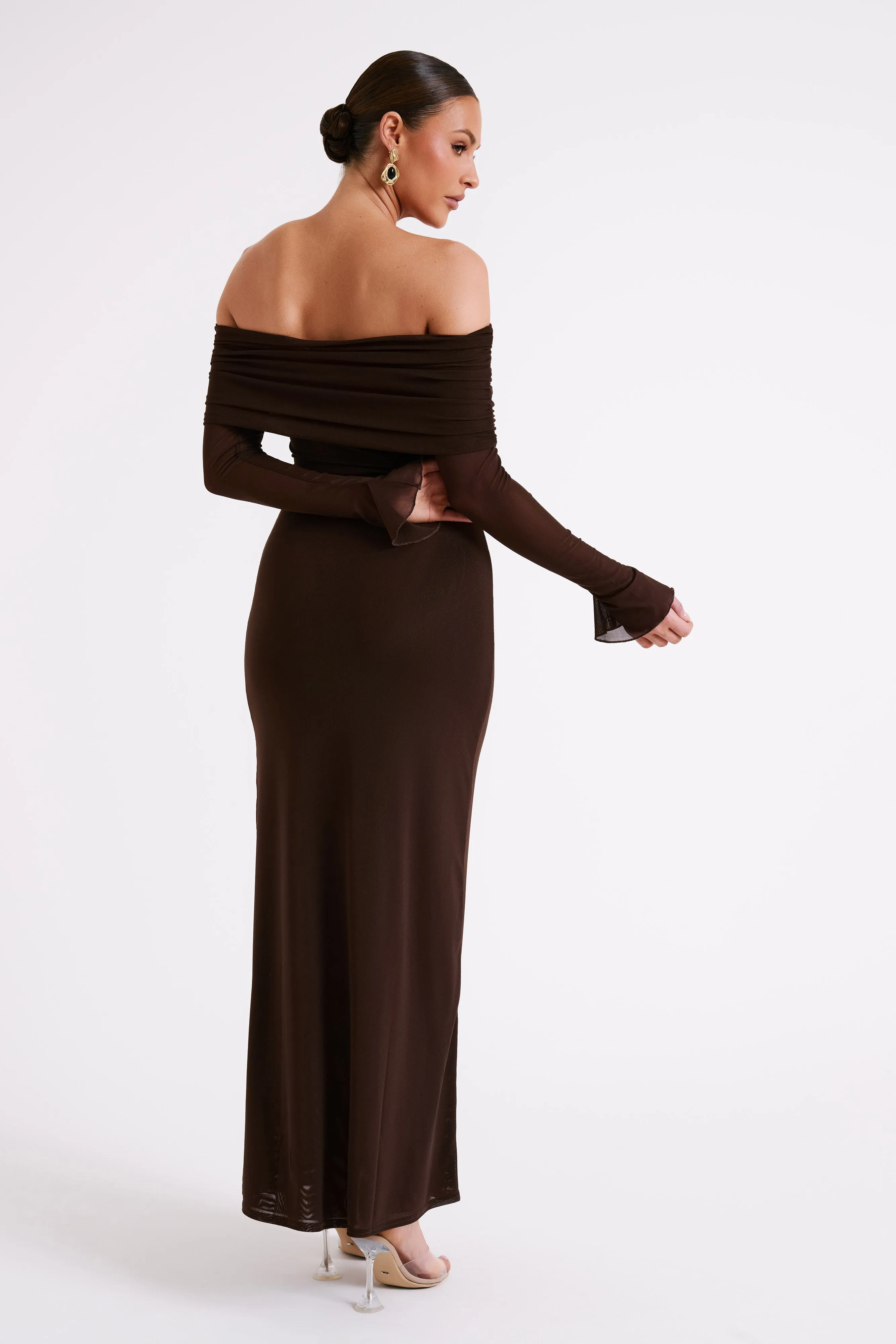 Josie Off Shoulder Mesh Maxi Dress - Dark Brown