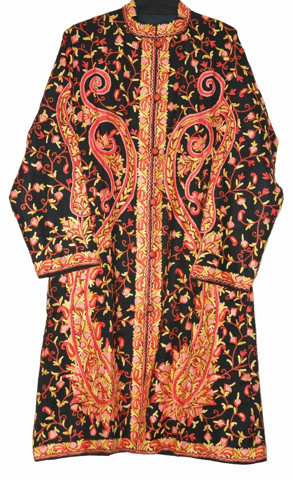 Kashmiri Woolen Coat Black, Multicolor Embroidery #AO-159