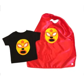 Kid's Cape and Shirt- Luchador Amarillo - Yellow Mexican Wrestler Toddler T-Shirt & Red Cape Combo