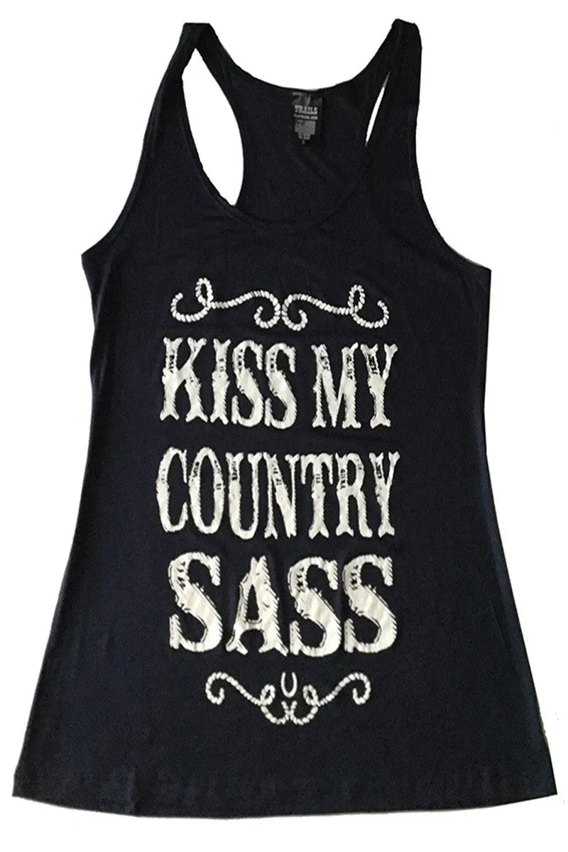 KISS MY COUNTRY SASS NAVY TANK TOP