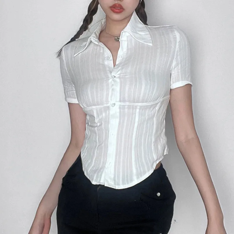 Korean Fashion Jacquard White Knitted Women Blouses Basic Transparent Crop Top Summer Buttons Chic Shirt Japanese Y2K