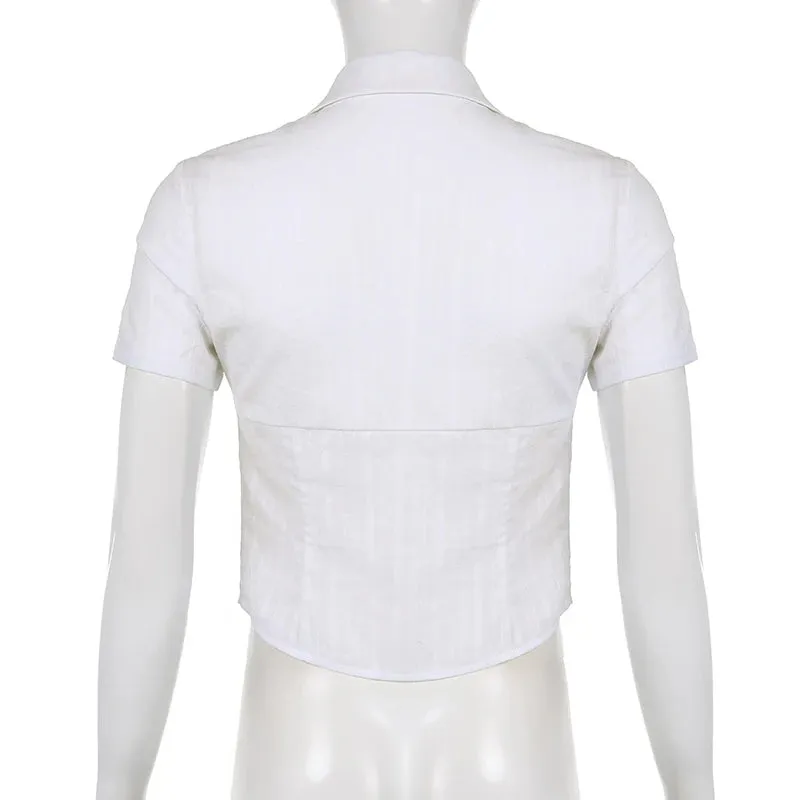 Korean Fashion Jacquard White Knitted Women Blouses Basic Transparent Crop Top Summer Buttons Chic Shirt Japanese Y2K