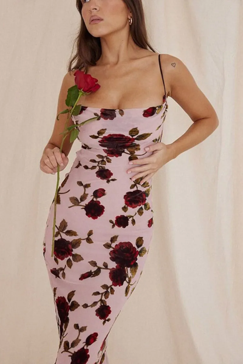 L1545 - Sheath/Column Scoop Spaghetti Straps Floral Long Evening Party Dress