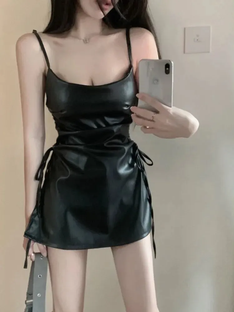 Leather Sexy Black Slip Dress Bandage Night Club Party Bodycon Wrap Spaghrtti Strap Mini Short Dresses