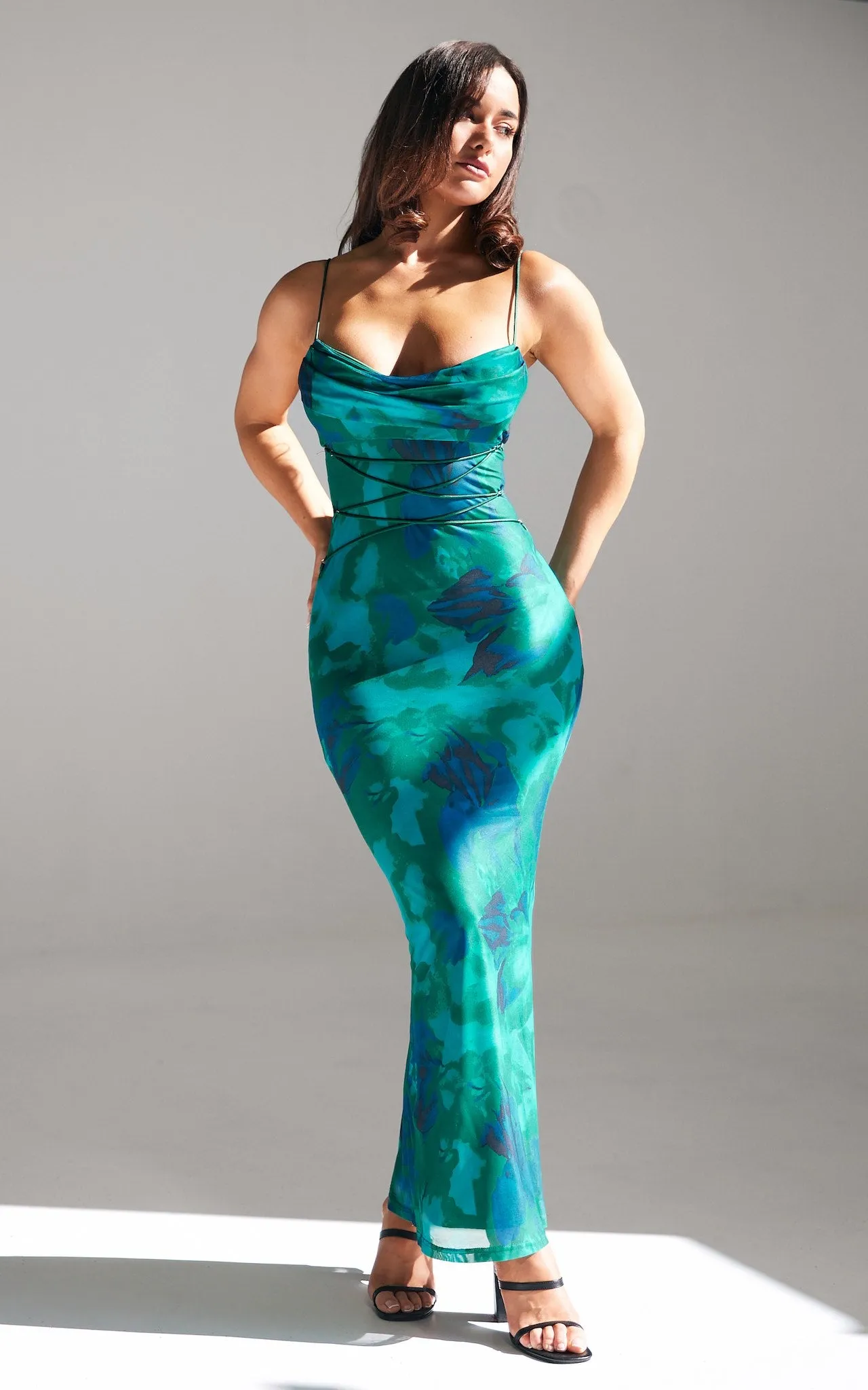 Lizzie Mesh Maxi Dress - Green Blue Print