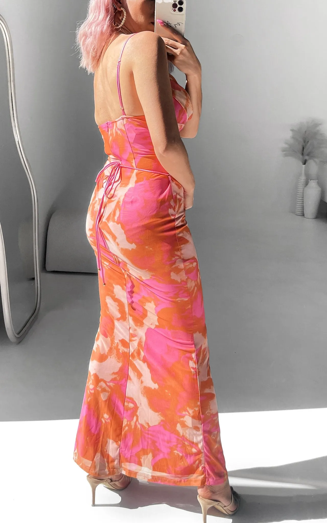 Lizzie Mesh Maxi Dress - Pink Orange Print