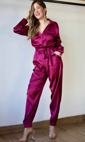 Long Sleeve Shirt Jogger Jumpsuit With Belt