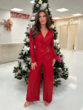 Maggie red shimmer buckle jumpsuit