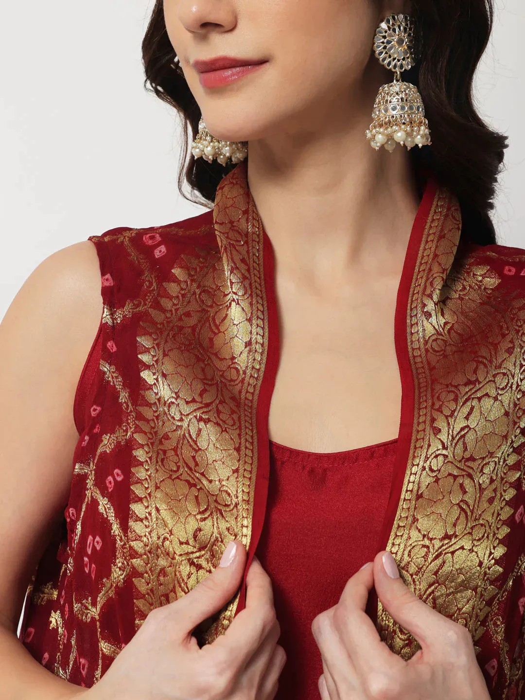 Maroon Silk Solid Co-rd Set with Georgette Banarasi Cape