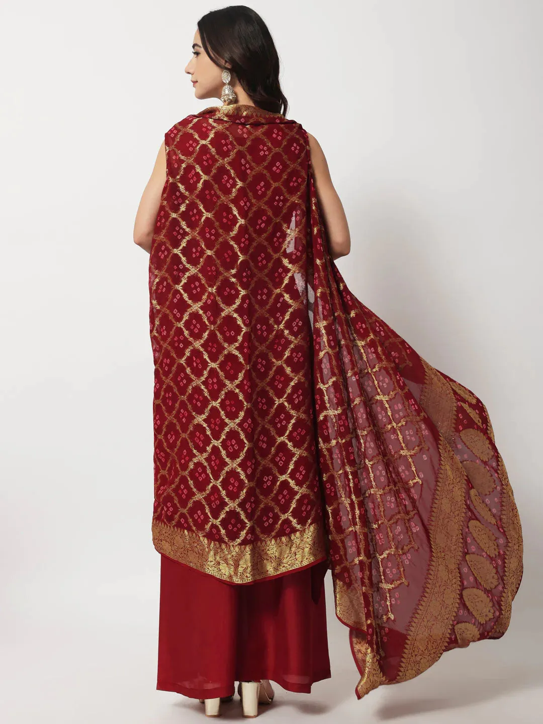 Maroon Silk Solid Co-rd Set with Georgette Banarasi Cape