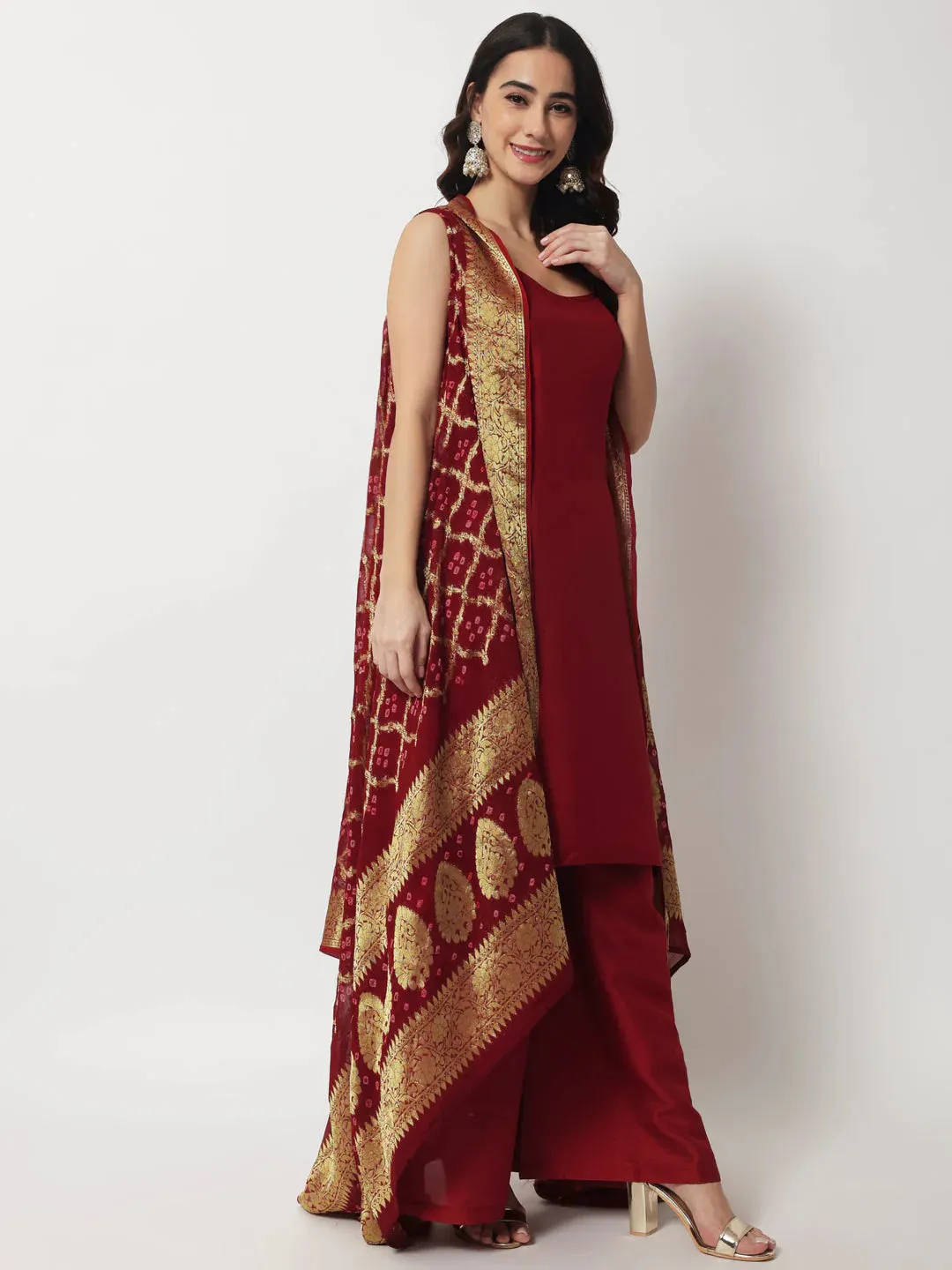 Maroon Silk Solid Co-rd Set with Georgette Banarasi Cape