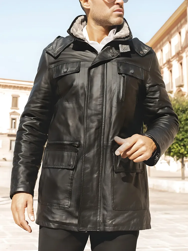 Men’s Black Shearling Leather Jacket with Hood