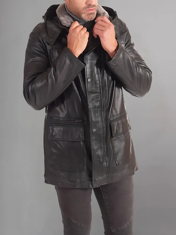 Men’s Black Shearling Leather Jacket with Hood