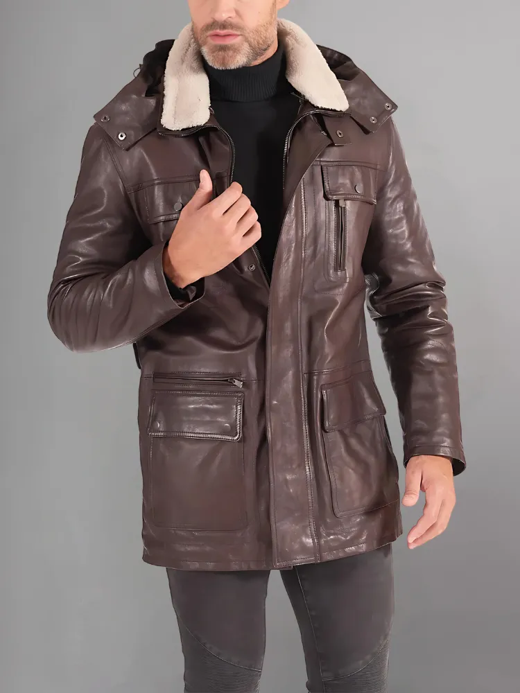 Men’s Black Shearling Leather Jacket with Hood