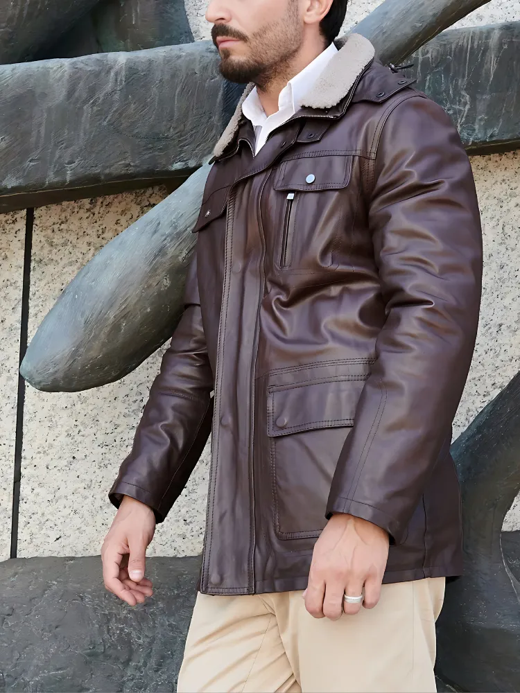 Men’s Black Shearling Leather Jacket with Hood