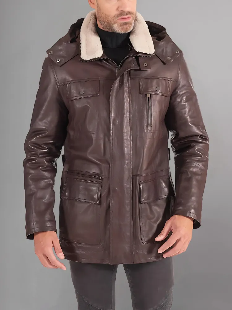 Men’s Black Shearling Leather Jacket with Hood