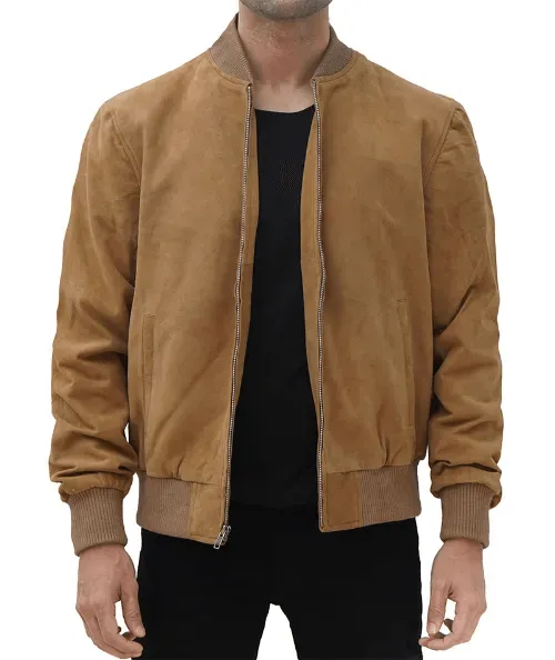 Men's Brown Suede Leather Bomber Jacket