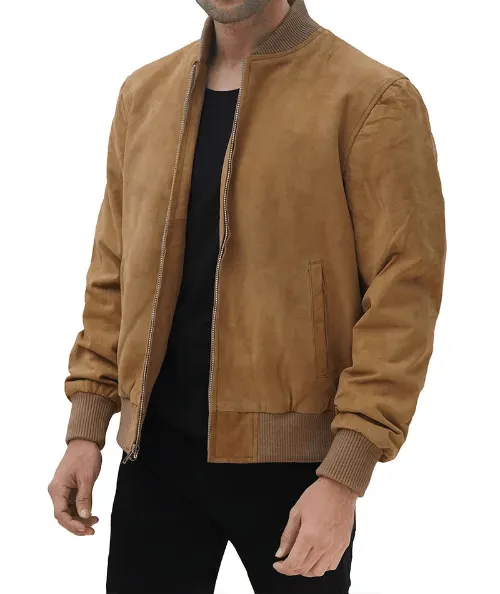 Men's Brown Suede Leather Bomber Jacket