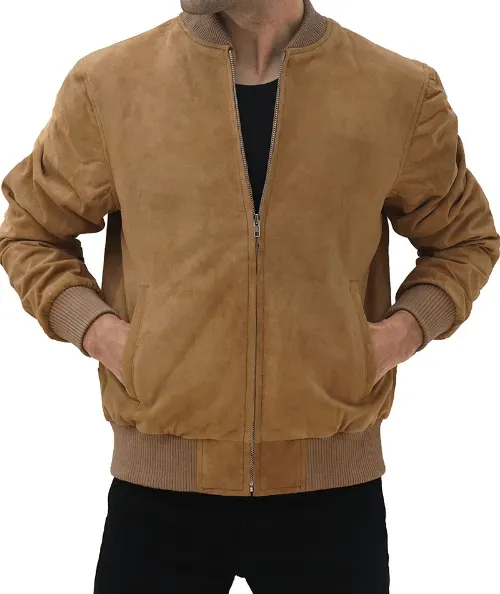 Men's Brown Suede Leather Bomber Jacket