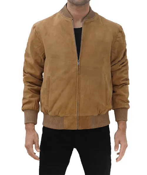 Men's Brown Suede Leather Bomber Jacket