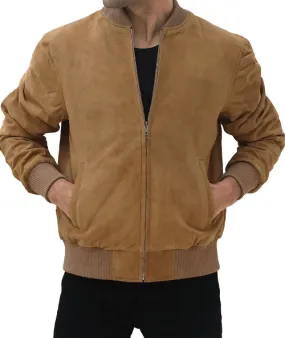 Men's Brown Suede Leather Bomber Jacket