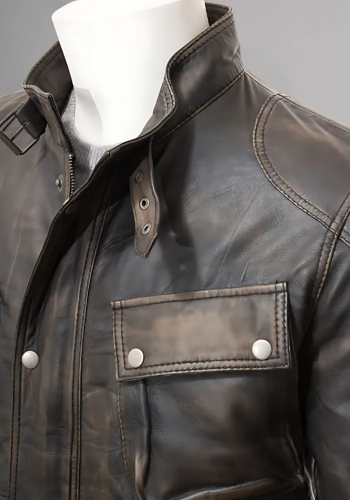 Mens Cafe Racer Biker Distressed Leather Jacket Coat