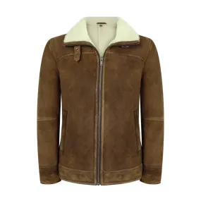 Mens Real Sherling Sheepskin Suede Jacket Brown Tan Vintage Zip Flying Pilot WW2