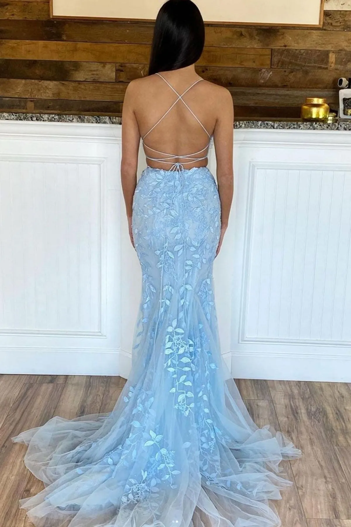 Mermaid Two Pieces Blue Lace Long Prom Dress, 2 Piece Blue Formal Dress, Blue Lace Evening Dress A1395