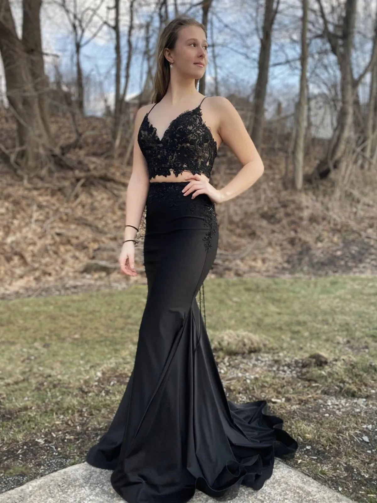 Mermaid V Neck Two Pieces Black Lace Long Prom, Mermaid Black Formal, 2 Pieces Black Evening