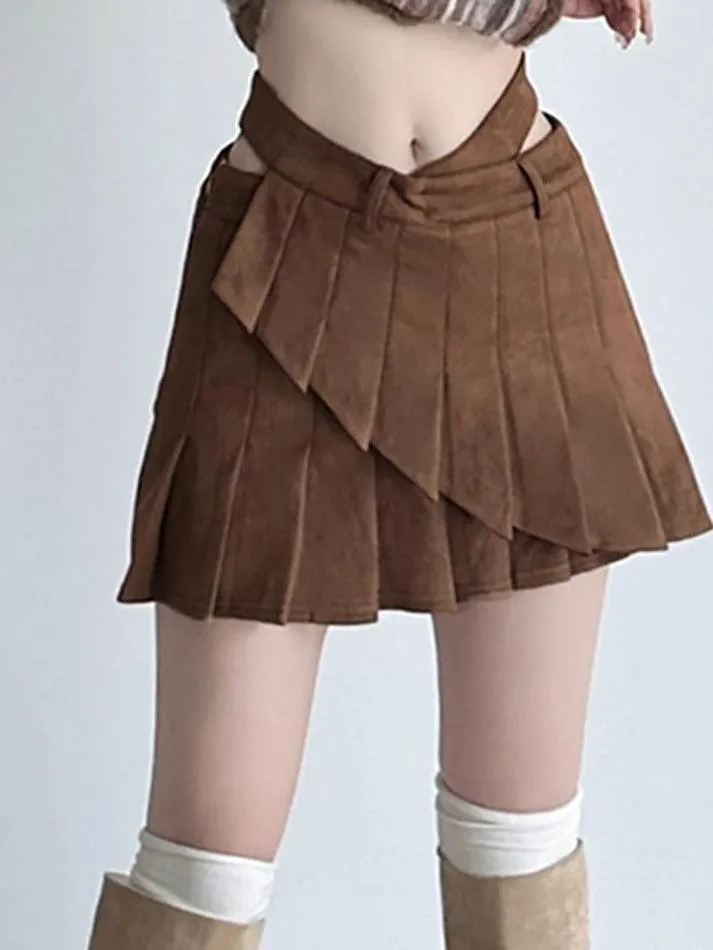 Mid Rise Plain Pleated Panel Mini A-Line Skirt