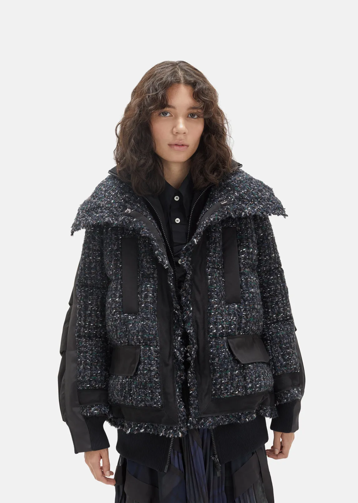 Mix Tweed Blouson Puffer Coat