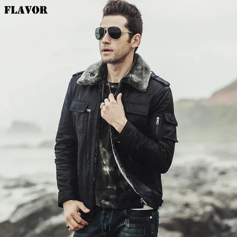 Motorcycle Genuine Leather Jacket with Faux Fur Shearling