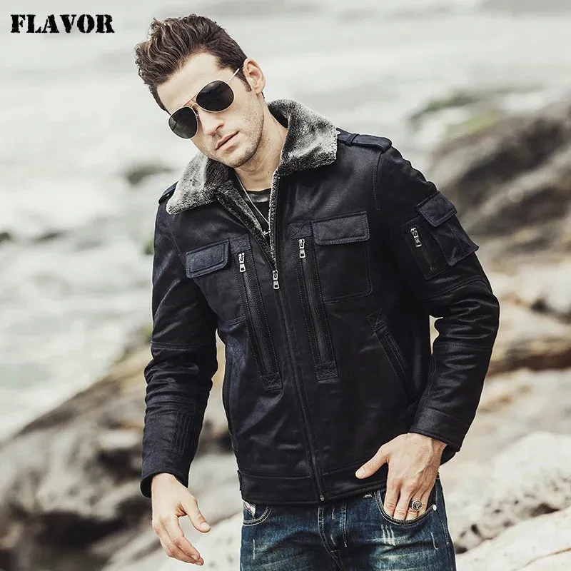 Motorcycle Genuine Leather Jacket with Faux Fur Shearling