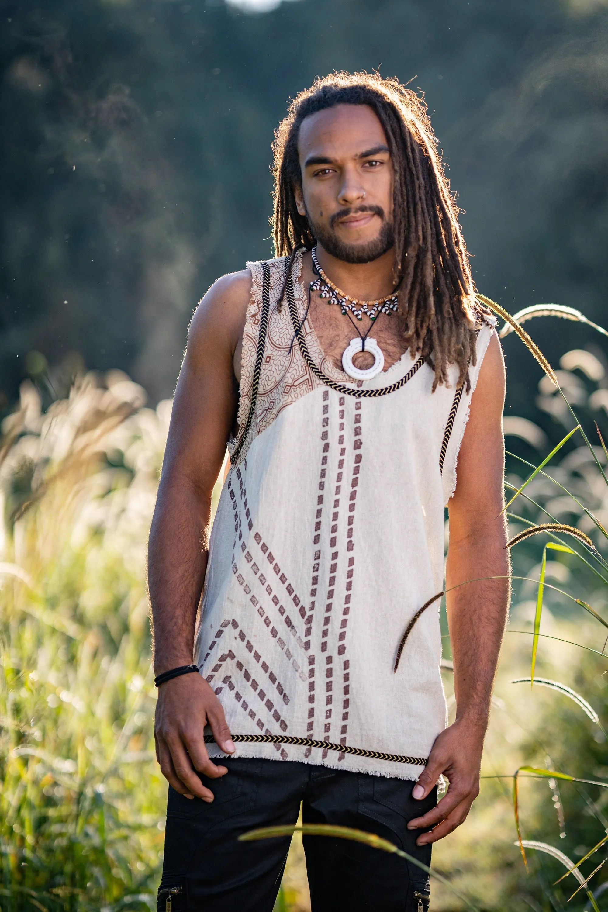 MUKTI Black Mens Sleeveless Tank Top Shipibo and Block Print combo on cotton gypsy festival shirt ethnic eclectic Tribal breathable AJJAYA